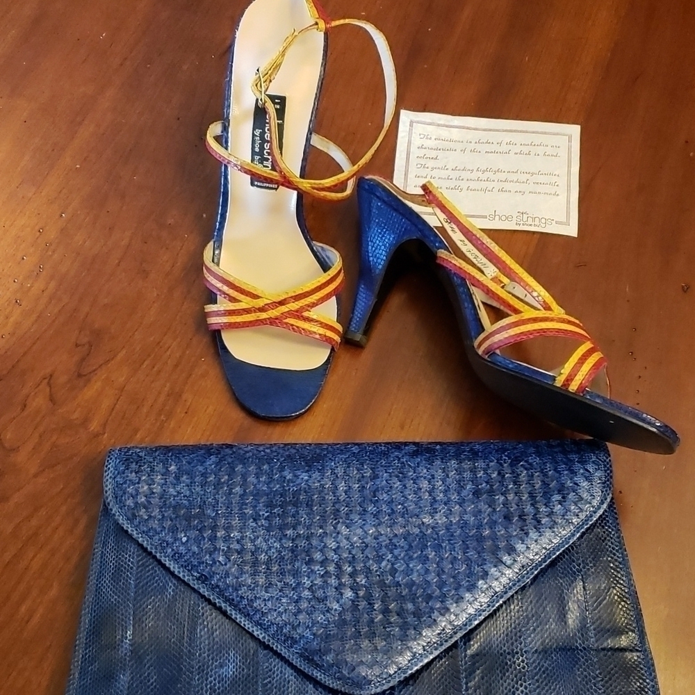 Vintage Shoe Strings Genuine Snakeskin Strappy Heel Sandals in Box EUC